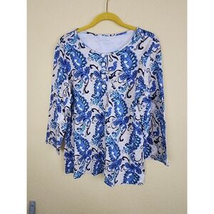 Kim Rogers Women XL Blue Paisley Print henley Long Sleeve Tunic Top teacher work